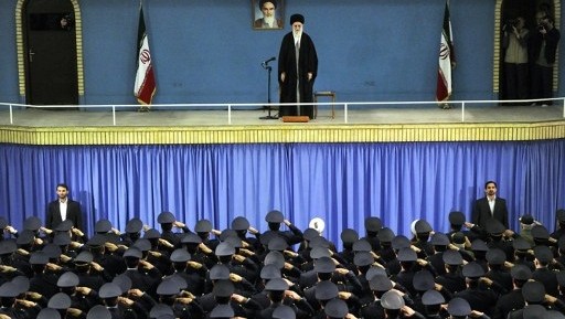 Iranian Supreme Leader Ayatollah Ali Khamenei on stage during a meeting with Iranian air force commanders in Tehran, in a photo released February 8, 2014 (photo credit: AFP /HO/Iranian Supreme Leader's website)
