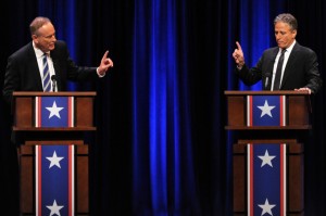 Bill O’Reilly and Jon Stewart onstage at O’Reilly Vs. Stewart 2012: The Rumble In The Air-Conditioned Auditorium. Photo: Getty Images