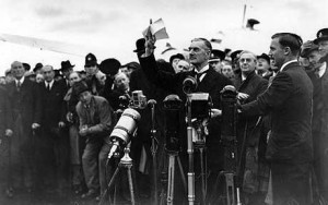 Neville Chamberlain brandishes the paper that he believed signified "peace for our time" on his return from Munich in 1938