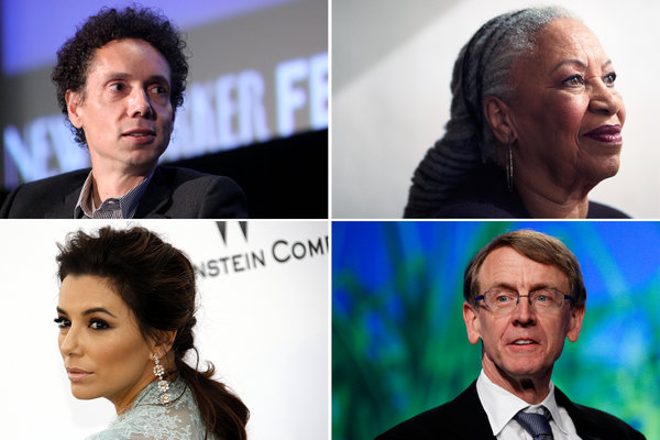 Mr. Obama has sought input from an eclectic group including, clockwise from top left, Malcolm Gladwell, Toni Morrison, John Doerr and Eva Longoria. Credit Clockwise from top left: Amy Sussman/Getty Images; Damon Winter/The New York Times; Matt Rourke/Associated Press; Valery Hace/Agence France-Presse — Getty Images