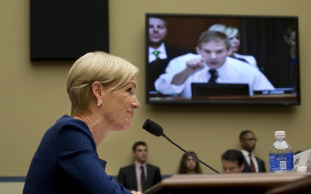 Cecile Richards, the president of Planned Parenthood, listens to an opening statement by Rep. Jim Jordan (R-Ohio) during a hearing of the House Oversight and Government Reform Committee in Washington, Sept. 29, 2015. The House and Senate will try to pass a temporary spending measure that would avert a shutdown of the federal government later this week that saves the bigger political feuds for the weeks ahead. The bill does not include language cutting off federal financing for Planned Parenthood, which some Republicans badly wanted. (Stephen Crowley/The New York Times)