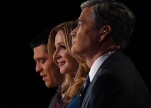 Debate moderators Carl Quintanilla (L), Becky Quick (C) and John Harwood  question candidates at the third Republican Presidential Debate hosted by CNBC, October 28, 2015 at the Coors Event Center at the University of Colorado in Boulder, Colorado.  AFP PHOTO / ROBYN BECK        (Photo credit should read ROBYN BECK/AFP/Getty Images) But will they still have jobs after last night?