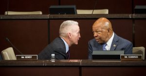 UNITED STATES - SEPTEMBER 17: Chairman Trey Gowdy, R-S.C., speaks with ranking member Elijah Cummings, D-Md., before the start of the House Select Committee on the Events Surrounding the 2012 Terrorist Attack in Benghazi hearing on "Implementation of the Accountability Review Board Recommendations" on Wednesday, Sept. 17, 2014. (Photo By Bill Clark/CQ Roll Call) (Newscom TagID: rollcallpix086101.jpg) [Photo via Newscom]
