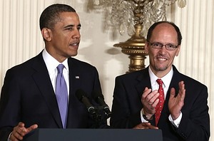 WASHINGTON, DC - MARCH 18: U.S. President Barack Obama (L) speaks as Assistant Attorney General of Justice Department's civil rights division Thomas Perez (R) listens during a personnel announcement March 18, 2013 at the East Room of the White House in Washington, DC. Perez has succeeded Hilda Solis as the U.S. Secretary of Labor. (Image credit: Getty Images via @daylife)