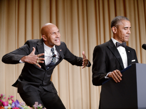 Comedian Keegan-Michael Key, portrays the presidents translator as President Barack Obama speaks at the White House Correspondent's Association Gala on 25 April 2015 in Washington. (Getty Images)