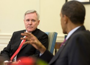 President Barack Obama meets with Secretary of the Navy Ray Mabus in the Oval Office, June 17, 2010.  (Official White House Photo by Pete Souza) This official White House photograph is being made available only for publication by news organizations and/or for personal use printing by the subject(s) of the photograph. The photograph may not be manipulated in any way and may not be used in commercial or political materials, advertisements, emails, products, promotions that in any way suggests approval or endorsement of the President, the First Family, or the White House.