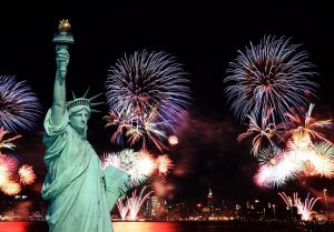 The Statue of Liberty and 4th of July fireworks in NYC